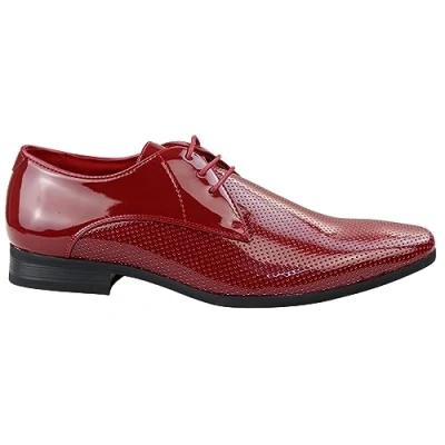 Image of Mens Shoes Smart Formal Perforated Pointed Laced Black Red White Patent Leather PU Shiny 10 UK
