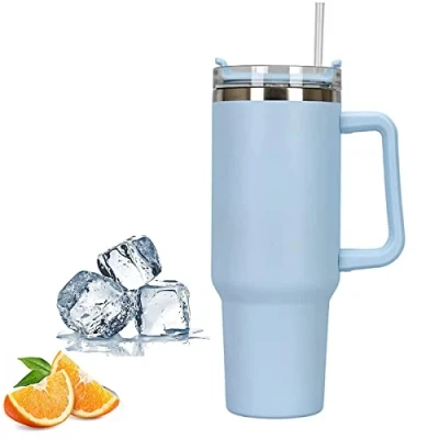 Image of Juliyeh Travel Mug with Handle, Cup Straw and Stainless Steel Coffee Lid Mug, Insulated Water Bottle for Hot Iced Drink (Blue)