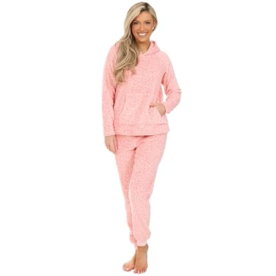 Image of Womens Pink Leopard Print Long Fleece Pyjama Set Ladies Pjs (22 24)