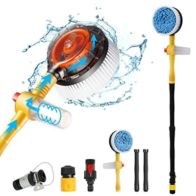 Image of Practisol Car Wash Brush with Hose Attachment, 360 Spin Soap Dispenser, Soft Bristle Cleaning Mop Scrub Brush, Flow Through Washing Kit Long Handle (Yellow)