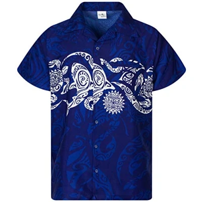Image of King Kameha Classic Modern Hawaiian Shirt for Men Front Pocket Casual Aloha Shirts, Maori Chest, Blue, L
