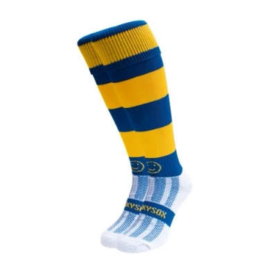 Image of WackySox Royal Blue and Amber Hoop Rugby Socks, Sports Socks for Men Women, Mens Work Perfect Riding, Football, Running, Hockey other Activities