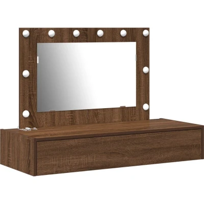 Image of vidaXL Wall Hanging Dressing Table with LED Lights Brown Oak