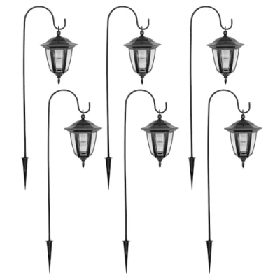 Image of Garden Mile 6 x Black Shepherds Crook Hanging Victorian Coach Lamp Lantern Solar Lights LED Post Traditional Outdoor Lighting (x 6)