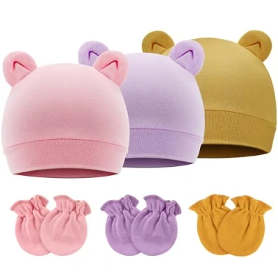 Image of DRESHOW Newborn Baby Hats Mittens Set Hospital Hat Beanie Bear Ears Infant Caps Cotton Gloves No Scratch for 0 6 Months