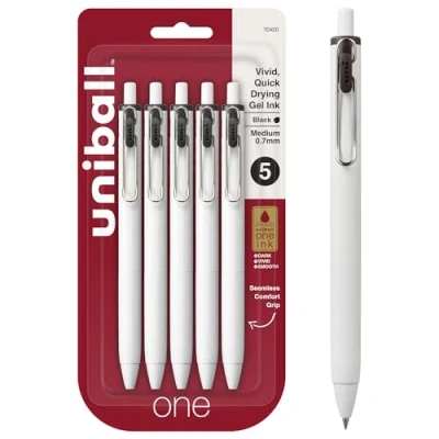 Image of uni ball one Retractable Gel Pens, Medium Point (0.7mm), Black Ink, 5 Pack