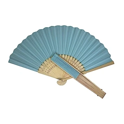 Image of Parev Light Blue Paper Foldable Hand Held Bamboo Wooden Fan