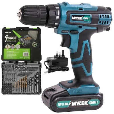 Image of MYLEK 18V Cordless Drill Lithium Ion Drills Driver Screwdriver Set 13 Piece Combi Accessory Kit LED Worklight, 18 Volts Blue/Black with 4ORCE (50 Piece)