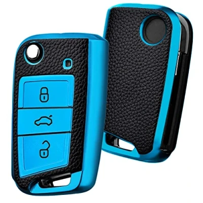 Image of OATSBASF Car Key Cover for VW Golf 7 Box/Key Case VW, Polo, Skoda, Seat, 3 Buttons Q Blue Leather
