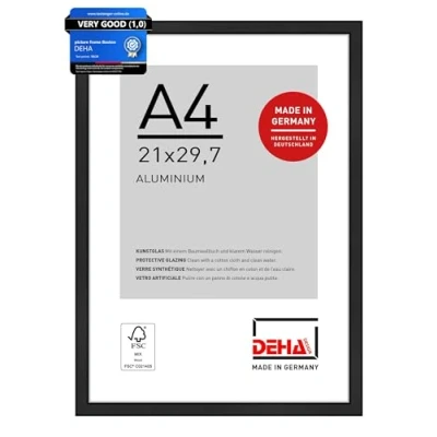 Image of DEHA Design Boston Photo Frame A4, 21x29.7cm Aluminium Picture Frame, Black with Protective Acrylic Glazing and Push Turn Clips Jet Matt