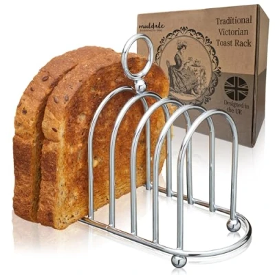 Image of Muldale Silver Toast Rack 6 Slice Victorian Style Chrome Holder with Ball Feet Stand Carry Handle Sturdy and Toughened