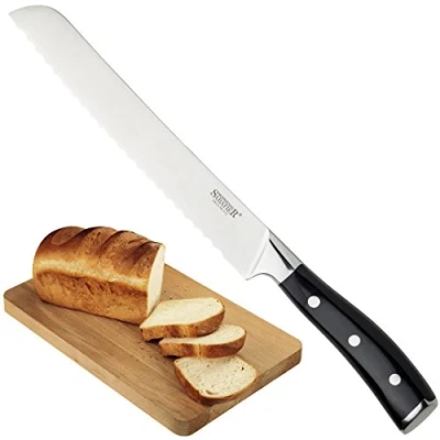 Image of Professional Sabatier Scalloped Bread Knife 8in/20cm Full Tang Blade Forged from Chrome Molybdenum Vanadium Stainless Steel. Carbon Black Triple Rivet Handle. 25Yr Guarantee. Dishwasher Safe.