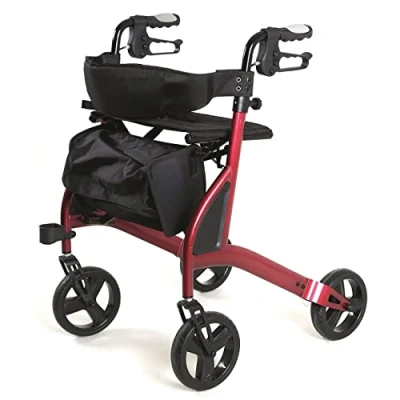 Image of Ultra Lightweight Folding rollator Walking Frame Wheeled Walker with seat, Cane Holder and Locking Brakes Lightest in The UK (Red)