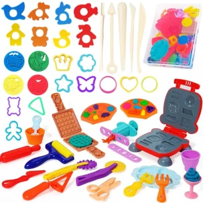 Image of Jiosdo Playdough Tools and Cutters, 48 Pcs Dough Burger Barbecue Set, Sets for Kids, Extruders Rollers Molds with Storage Box, Kitchen Creations Educational Toy Gift Set