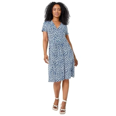 Image of Roman Originals Stretch Wrap Dress for Women UK Ladies Fit &amp; Flare Skater Summer Spring Holiday V Neckline Comfy Short Sleeve Soft Knee Length Frock Everyday Gowns Petite Navy White Size 18