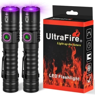 Image of ULTRAFIRE UV 395nm Torch USB Rechargeable, Powerful Ultraviolet LED Black Light, Ideal for Resin Curing/Scorpion Detection/Fluorescent Discovery/Pet Urine Disclosure Pack of 2