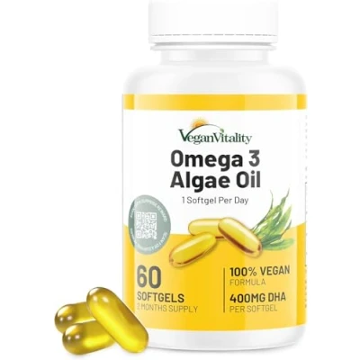 Image of Vegan Omega 3 Algae Oil : 400mg DHA for Heart, Joints, Brain Health, High Strength 60 Softgel Tablets, 2 Months Supply. Vitality&#039;s Vegans, Vegetarians Suitable Supplement