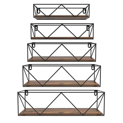 Image of HORLIMER Wooden Shelves for Wall Set of 5, Floating Shelf with Bars, Rustic mounted Bedroom Kitchen Bathroom Living Room