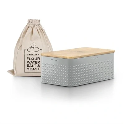 Image of LARS NYSØM Bread bin I Metal box with linen bag for long lasting freshness bamboo lid usable as cutting board 13.4x7.3x5.3In (Ash Gray)