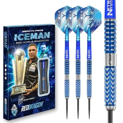 Image of RED DRAGON Darts Professional Player Gerwyn Price Iceman Glacier 22g 90% Tungsten Steel tip Set with Dart Flights and Shafts (Stems)