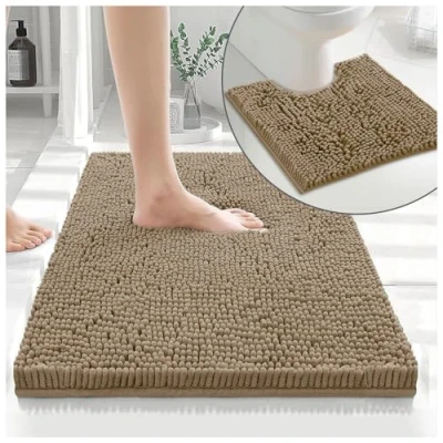 Image of GC GAVENO CAVAILIA 2 Piece Non Slip Rubber Backed Mats Super Absorbent Antibacterial Toilet Carpet Mat Quick Dry Microfiber Chenille Rug Washable Bath Natural