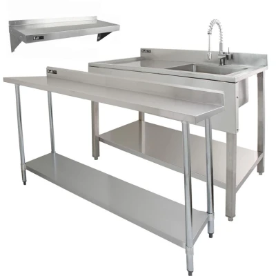 Image of MonsterShop 6ft Stainless Steel Catering Bench Sink Left Hand Drainer &amp; 2 x Wall Mounted Shelves