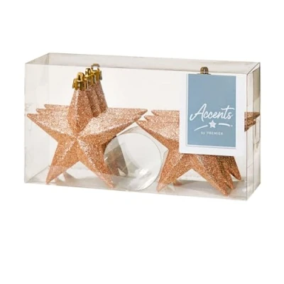 Image of Shatterproof Christmas Stars 6 Pack 100mm Premier Tree Decoration, glitter Star Baubles (Rose Gold 6336)