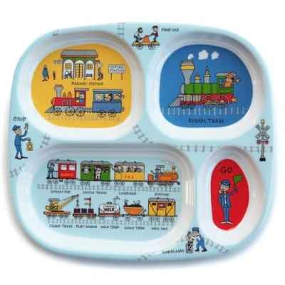 Image of Tyrrell Katz Toddler Divider Plate in Blue with 4 Sections and Trains Design Dishwasher Safe Melamine Kids Compartment Tray 24 x 21 2 cm
