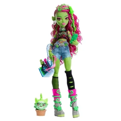 Image of Monster High Venus McFlytrap Doll with Plant Pet Cat Chewlian and Accessories like Backpack, Notebook, Snacks More, HRP81