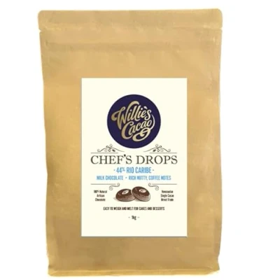 Image of Willie&#039;s Cacao Couverture milk chocolate Chef&#039;s Drops Rio Caribe 44% 1kg Rich nutty, coffee notes for cooking &amp; baking