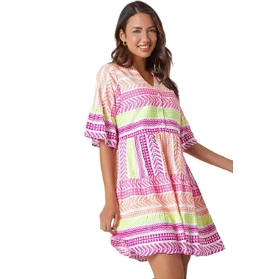 Image of Roman Originals Smock Dress for Women UK Ladies Cotton Summer Embroidered Frilled Tiered Lounge Casual Beach Cruise Holiday Cocktail Party 3/4 Sleeve Pull On Gathered Skirt Multi Size 12