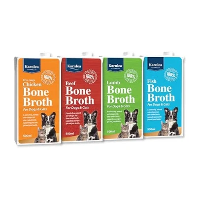 Image of Karnlea Bone Broth Variety Pack 4 x 500ml 100% Real Chicken, Beef, Fish &amp; Lamb Liquid for Cats Dogs High in Collagen Protein Healthy Joints, Gut, Digestion, Skin Sickness