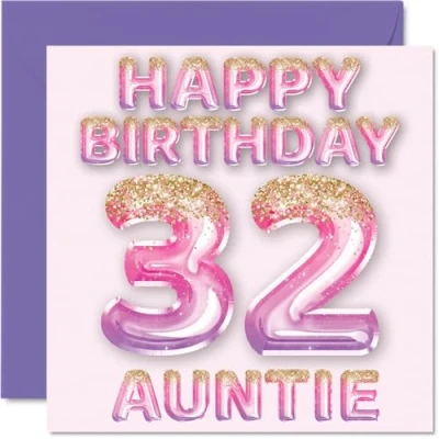 Image of 32nd Birthday Card for Auntie Pink &amp; Purple Glitter Balloons Happy Cards 32 Year Old Aunt Aunty from Nephew Niece, 145mm x Bday Greeting Gift
