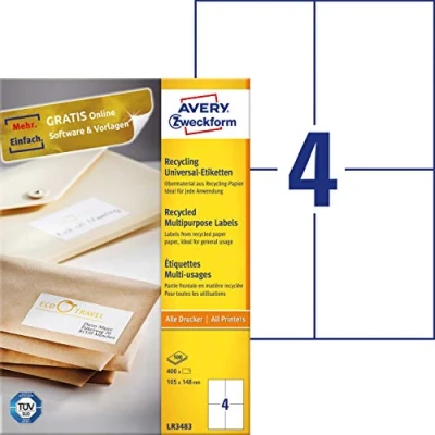 Image of Avery Zweckform LR3483 Recycled A4 Universal Labels (400 105 x 148 mm 100 Sheets White