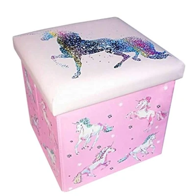 Image of ABC Décor Faux Leather Square Storage Box with removable Padded lid/Toy Box/Pouffe Stool/Foot Stool, Unicorns