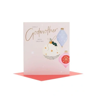 Image of A Lovely Godmother Xmas Baubles Gold Foiled Christmas Card Greeting Cards