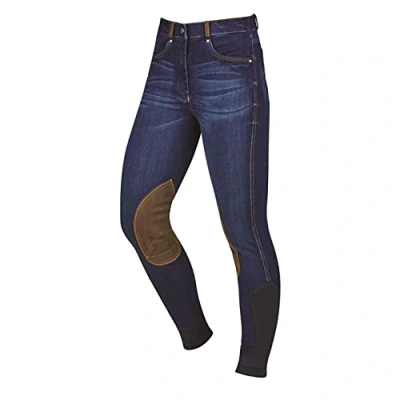 Image of Dublin Shona Knee Patch Denim Breeches, Blue Denim/Navy, Ladies 12/30&quot;