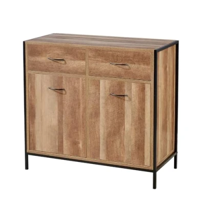 Image of Home Source Compact Sideboard, 2 Cupboard Storage Unit, Drawers, Weathered Oak Effect
