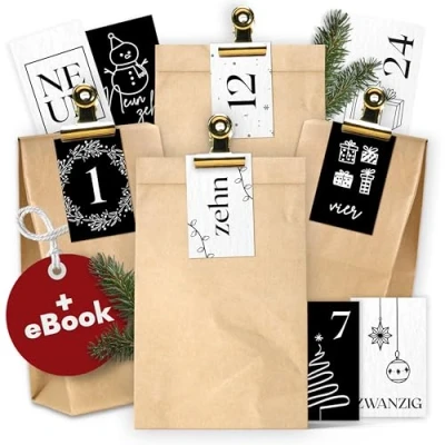 Image of AMARI ® Advent calendar to fill Hygge Black &amp; White 24 bags diy (with cards) Paper with numbers sticker Christmas parcel stick on yourself