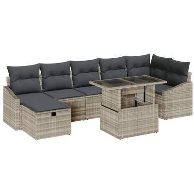 Image of vidaXL 8 Piece Garden Sofa Set with Cushions Light Grey Poly Rattan