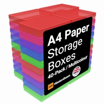 Image of WestonBoxes A4 Colourful Transparent Plastic Craft Storage Boxes with Lids for Art Supplies, Paper and Card (Multicoloured/Pack of 40)