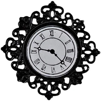 Image of Melody Jane Dolls House Black Filigree Wall Clock Miniature 1:12 Ornament Accessory