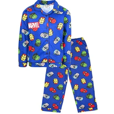 Image of Marvel Kids Pyjamas Blue Button Down Superheroes 100% Cotton Sleepwear Official Merchandise 6/7 Years