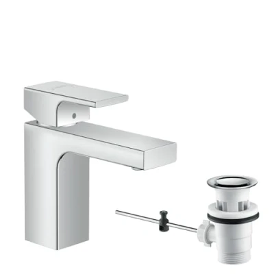 Image of hansgrohe Vernis Shape bathroom tap with pop up waste set, sink spout height 100 mm, basin mixer water saving (EcoSmart), chrome