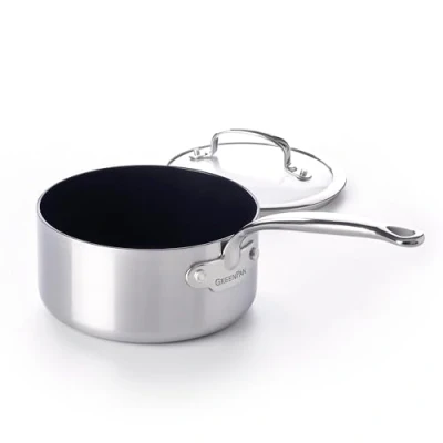 Image of GreenPan Barcelona Evershine Tri Ply Stainless Steel Healthy Diamond Reinforced Ceramic Non Stick 16 cm/1.5 Litre Saucepan, PFAS Free, Multi Clad, Induction, Oven Safe, Silver