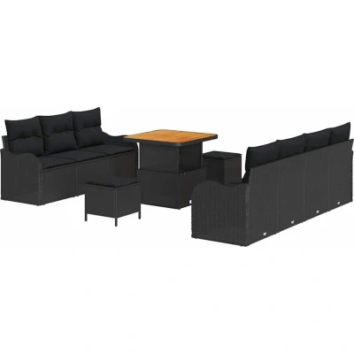 Image of vidaXL 10 Piece Garden Sofa Set with Cushions Black Poly Rattan Acacia