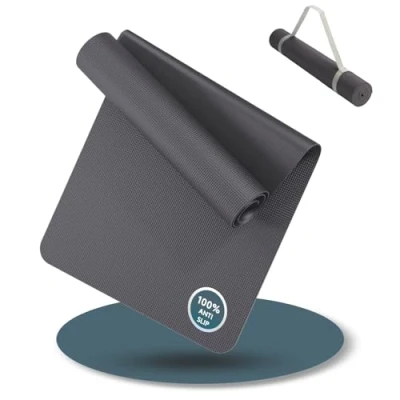Image of LILENO Sports Anthracite Yoga Mat (180 x 60 cm) with Carrying Strap Ultra Non Slip and 4 mm Thick Gym Fitness for Training