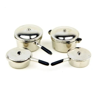 Image of MyTinyWorld Dolls House Miniature 4 Silver Metal Pan Set