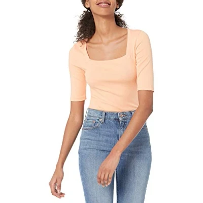 Image of Amazon Essentials Women&#039;s Slim Fit Half Sleeve Square Neck T Shirt, Coral Orange, XXL