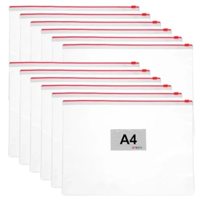 Image of M&amp;G 12 Pack Poly Zip Envelope, A4 Plastic Zipper Pouches with Label Pocket Clear File Folders Reusable Pencil Bags for Home Office Supplies, Red